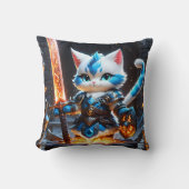 炎の剣を振り回す鎧を着けたキャットナイト クッション (正面)