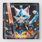 炎の剣を振り回す鎧を着けたキャットナイト スクエア壁時計 (正面)