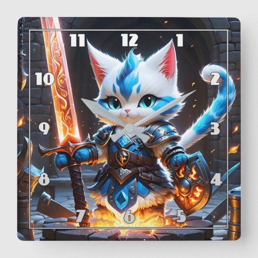 炎の剣を振り回す鎧を着けたキャットナイト スクエア壁時計 (正面)