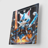 炎の剣を振り回す鎧を着けたキャットナイト スクエア壁時計 (傾斜)