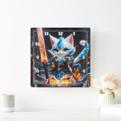 炎の剣を振り回す鎧を着けたキャットナイト スクエア壁時計 (ホーム)