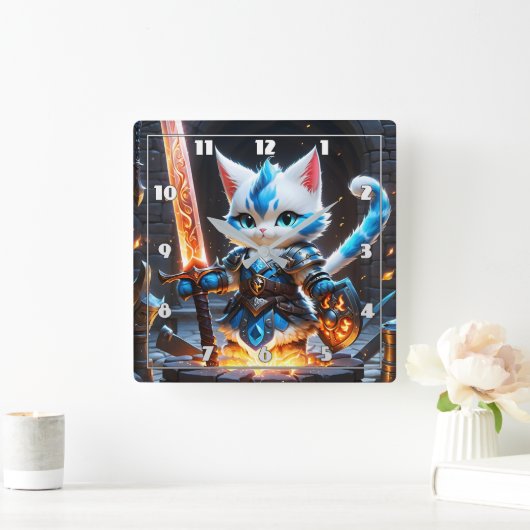 炎の剣を振り回す鎧を着けたキャットナイト スクエア壁時計 (ホーム)