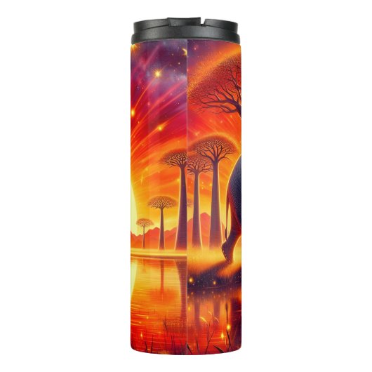 炎の夕日に照らされたゾウのシルエット タンブラー (裏面)