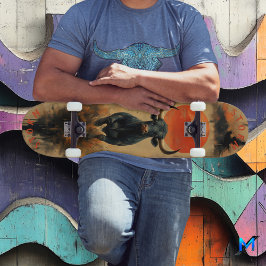 炎の夕焼け下の充電ブル、レトロ電力 スケートボード