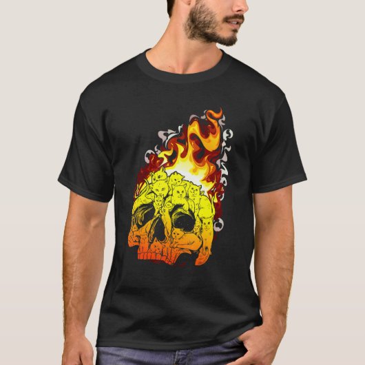 炎の猫 燃える頭 ドクロ 頭蓋骨 Tシャツ (正面)