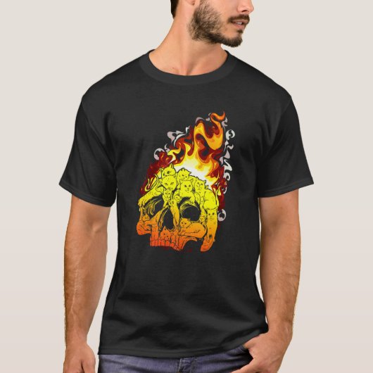 炎の猫 燃える頭 ドクロ 頭蓋骨 Tシャツ (正面)