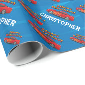 炎の男の子の誕生会が付いている熱く赤いレースカー ラッピングペーパー (ロールコーナー)