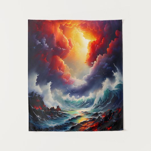 炎の空と轟音の海 – Dynamic Seascape Art タペストリー (正面)