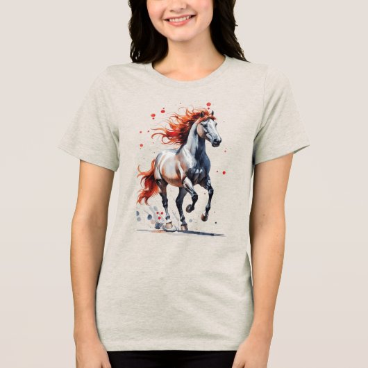 炎の精神 - 雄大な馬の水彩Tシャツ トライブレンドTシャツ (正面)