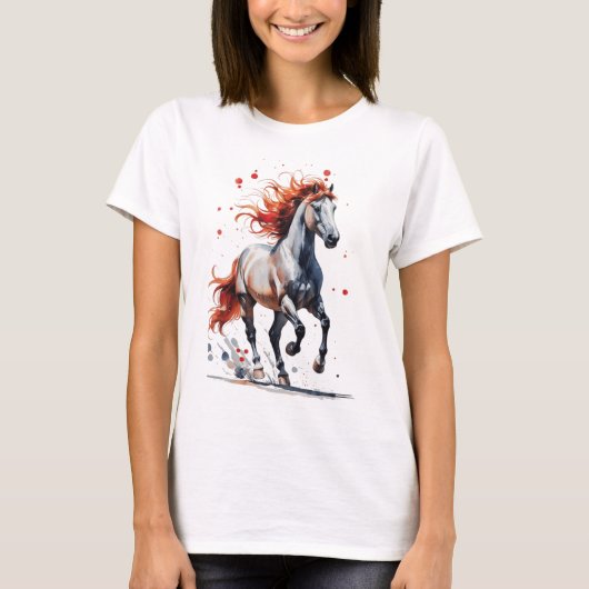 炎の精神 - 雄大な馬の水彩Tシャツ Tシャツ (正面)