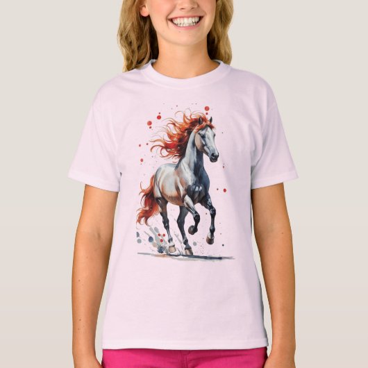 炎の精神 - 雄大な馬の水彩Tシャツ Tシャツ (正面)