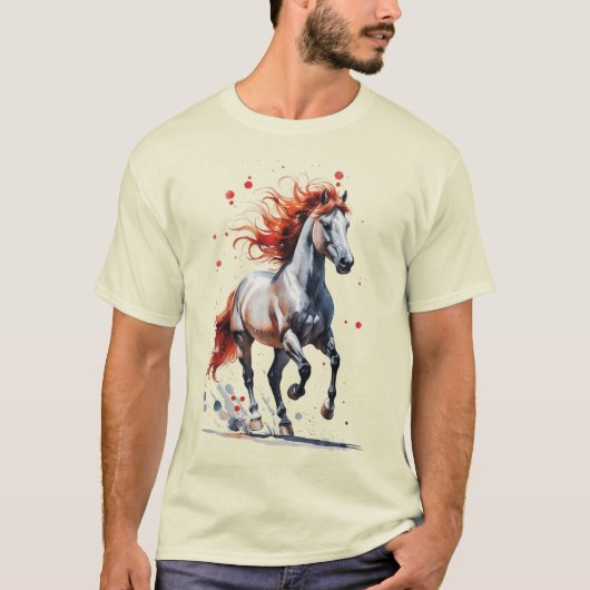 炎の精神 - 雄大な馬の水彩Tシャツ Tシャツ (正面)