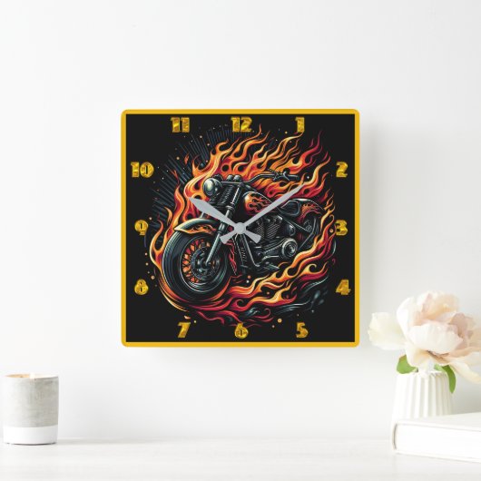 炎の色を持つ炎の鮮やかオートバイ スクエア壁時計 (ホーム)