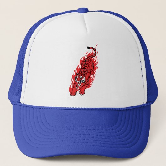 炎の赤いトラ – 激しい炎の獣Tシャツ キャップ (正面)