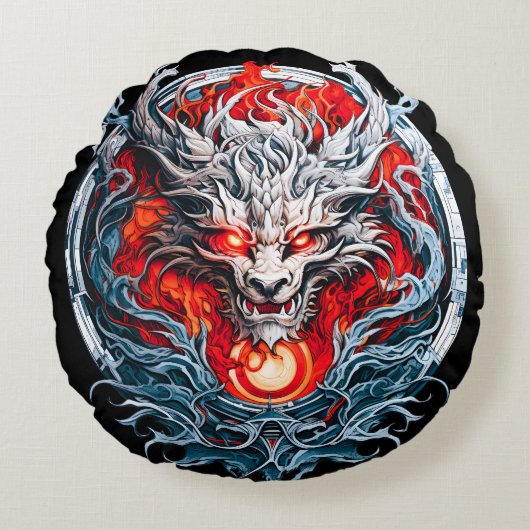 炎の赤い炎の伝説のドラゴンの頭 ラウンドクッション (正面)