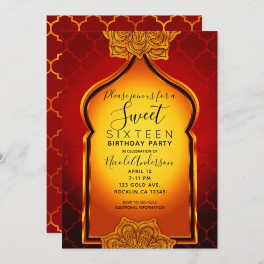 炎の赤い金ゴールド王室のインディアンアラビアスイーツ16パーティー 招待状 (正面/裏面)