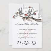 炎の赤 灰色 ヴィンテージ 鳥の結婚式 Save the Date 招待状 (正面)