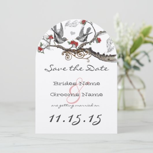 炎の赤 灰色 ヴィンテージ 鳥の結婚式 Save the Date 招待状 (スタンド正面)