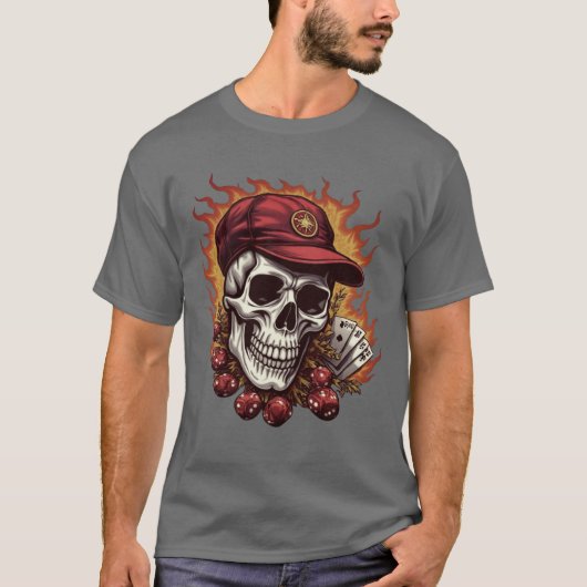 炎の頭蓋骨とロイヤルフラッシュとサイコロ Tシャツ (正面)