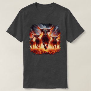 炎の風景を突進する雄牛 Tシャツ