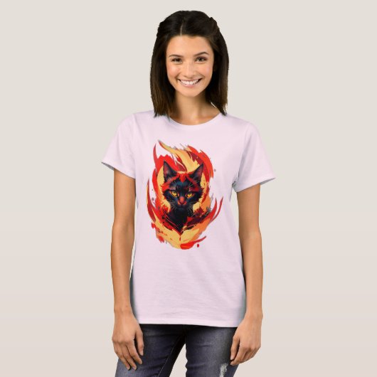 炎の黒猫 フレームキャット グラフィック Tシャツ (正面フル)