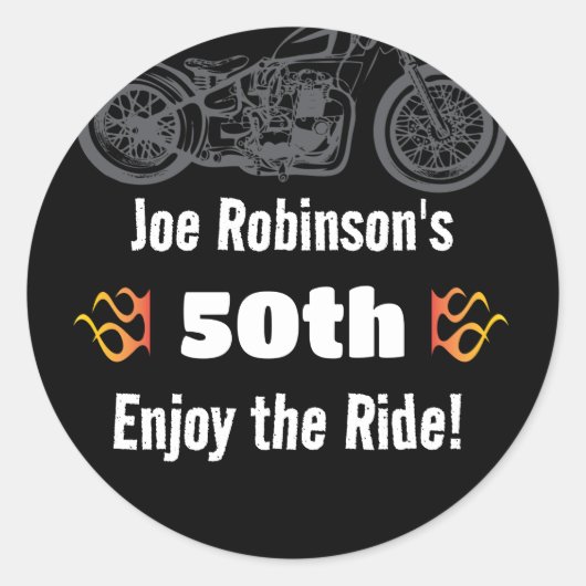 炎の50thまたは任意の誕生日を持つバイク ラウンドシール (正面)