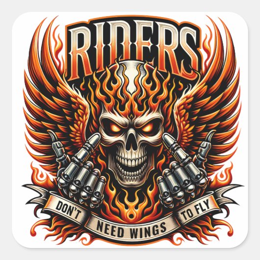 炎はっきりしたの翼と手を備えたスカルデザイン スクエアシール (正面)