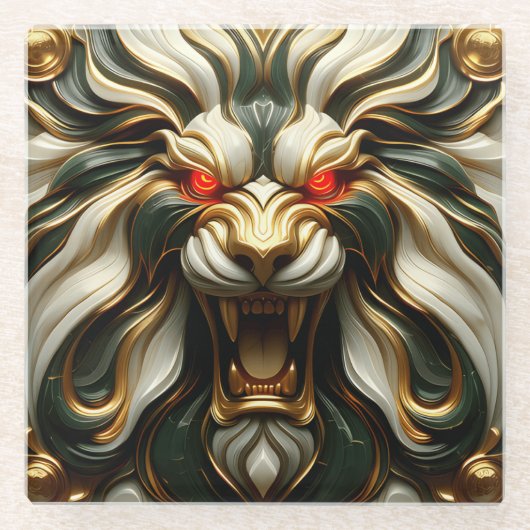 炎はっきりしたの視線で金獅子 ガラスコースター (正面)