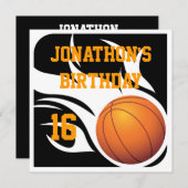 炎を上げるバスケットボール誕生日BWパーティー 招待状 (正面/裏面)