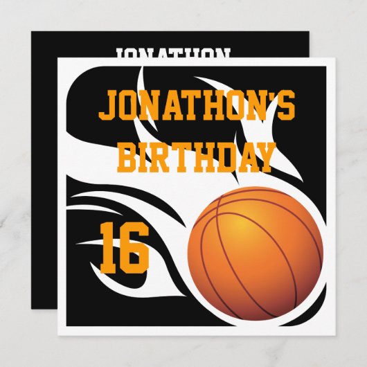 炎を上げるバスケットボール誕生日BWパーティー 招待状 (正面/裏面)