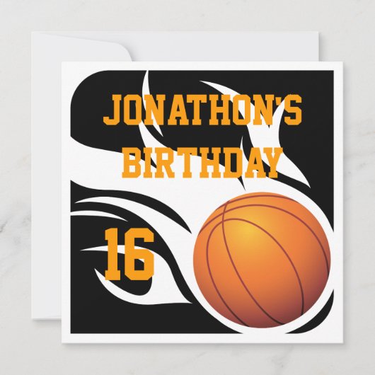 炎を上げるバスケットボール誕生日BWパーティー 招待状 (正面)