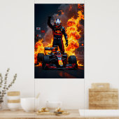 炎を伴うF1レーシングチャンピオンのお祝い ポスター (キッチン)