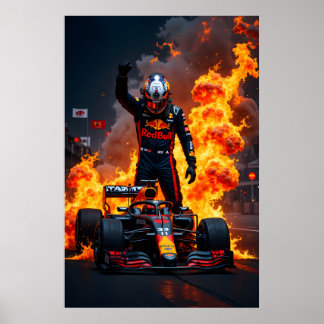 炎を伴うF1レーシングチャンピオンのお祝い ポスター
