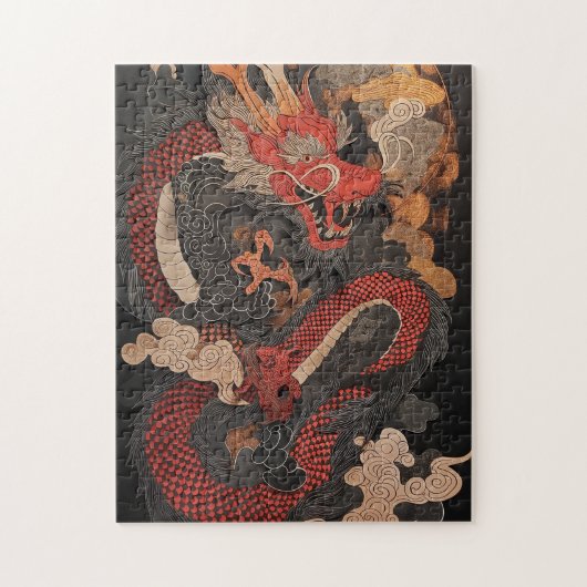 炎を纏うテクスチャード中国ドラゴン ジグソーパズル (縦)