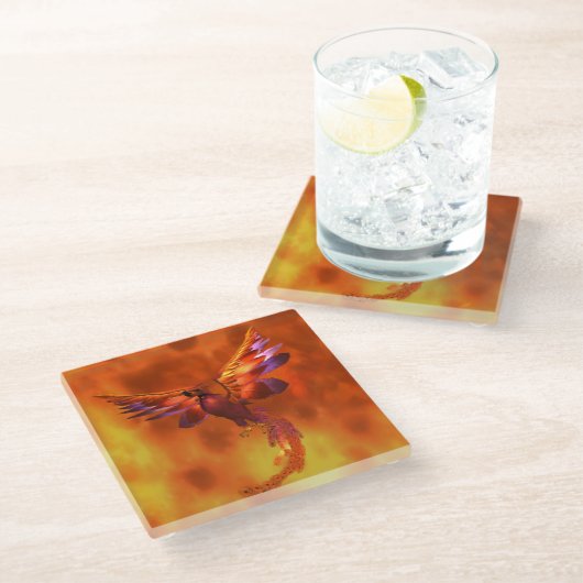 炎カラフルの飛んでいる背景に立つフェニックス ガラスコースター (アングル)