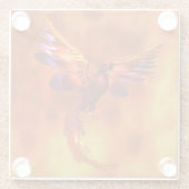 炎カラフルの飛んでいる背景に立つフェニックス ガラスコースター (裏面)