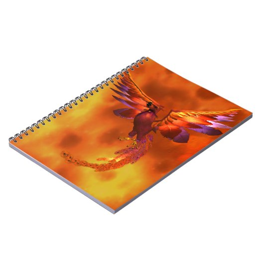 炎カラフルの飛んでいる背景に立つフェニックス ノートブック (左側)