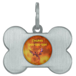 炎カラフルの飛んでいる背景に立つフェニックス ペットネームタグ