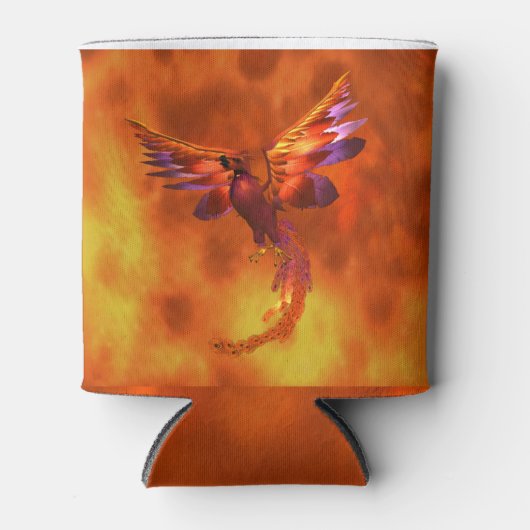 炎カラフルの飛んでいる背景に立つフェニックス 缶クーラー (正面)