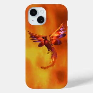 炎カラフルの飛んでいる背景に立つフェニックス iPhone 15ケース
