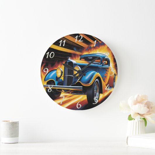 炎クラシック改造の背景を走ること ラージ壁時計 (ホーム)