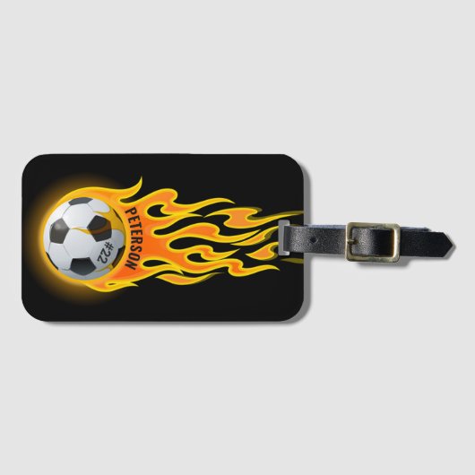 炎パーソナライズされた部のサッカーボール ラゲッジタグ (正面横)