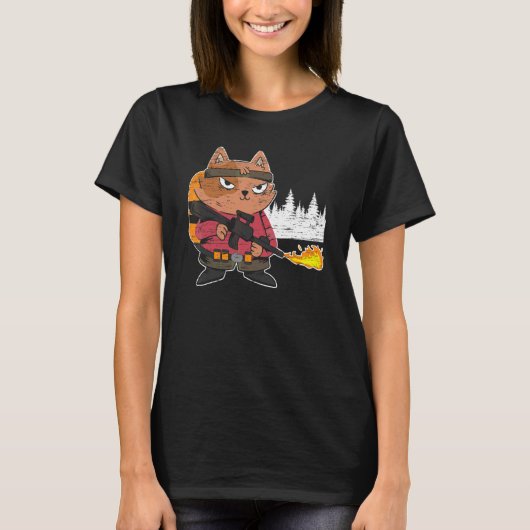 炎上猫 フレームスローワー 熱い燃えるネコ Tシャツ (正面)