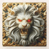 炎威厳のある色の赤い目をした金ゴールドライオン ガラスコースター (正面)