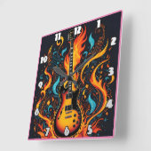 炎鮮やかと渦巻きに巻き込まれたギター スクエア壁時計 (傾斜)