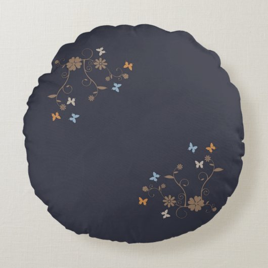 炭のお洒落フローラと蝶のアクセント ラウンドクッション (正面)