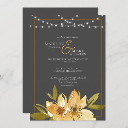 炭エレガント灰色、黄、銅結婚色 招待状 (正面/裏面)