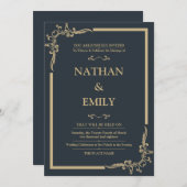 炭エレガント炭と金ゴールド結婚式招待状 招待状 (正面/裏面)
