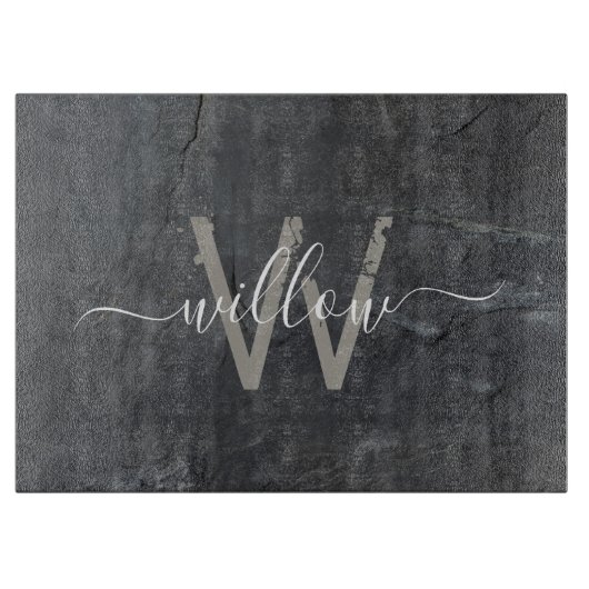 炭スタイリッシュ灰色の石文字モノグラム カッティングボード (正面)