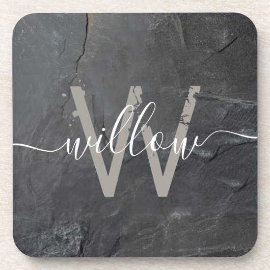 炭スタイリッシュ灰色の石文字モノグラム コースター (正面)